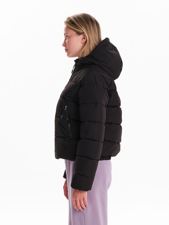 Women's Crop Puffer Jacket for Winter with Hood Black
