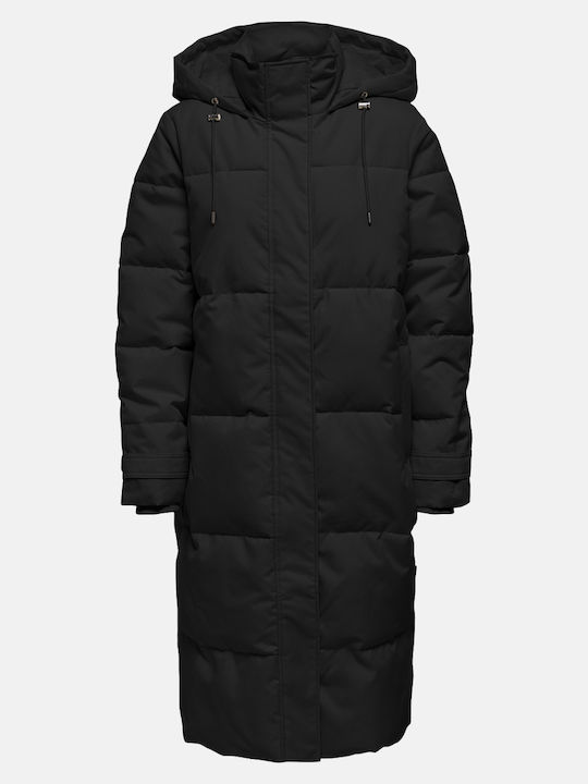 Women's Long Puffer Jacket for Winter with Hood Black