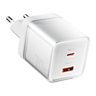 Essager Ladegerät ohne Kabel GaN mit USB-A Anschluss und USB-C Anschluss 70W Stromlieferung / Schnellaufladung 3.0 Weißs (Yueqi)