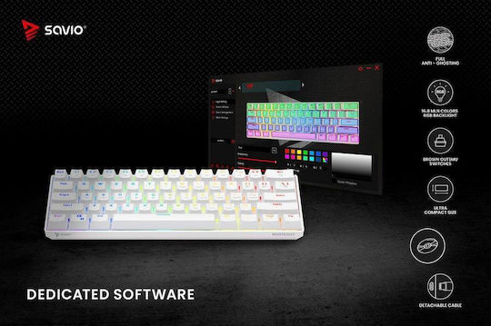 Savio Whiteout Gaming Μηχανικό Πληκτρολόγιο 60% με Outemu Brown διακόπτες και RGB φωτισμό (Αγγλικό US) Λευκό