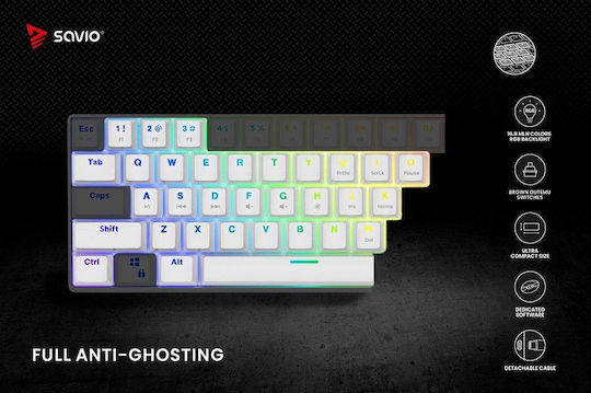 Savio Whiteout Gaming Μηχανικό Πληκτρολόγιο 60% με Outemu Brown διακόπτες και RGB φωτισμό (Αγγλικό US) Λευκό