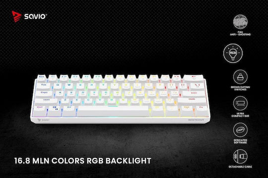 Savio Whiteout Gaming Μηχανικό Πληκτρολόγιο 60% με Outemu Brown διακόπτες και RGB φωτισμό (Αγγλικό US) Λευκό