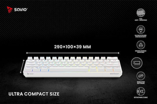 Savio Whiteout Gaming Μηχανικό Πληκτρολόγιο 60% με Outemu Brown διακόπτες και RGB φωτισμό (Αγγλικό US) Λευκό
