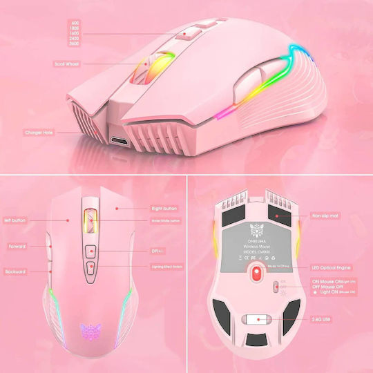 Onikuma CW905 Ασύρματο RGB Gaming Ποντίκι 3600 DPI Ροζ