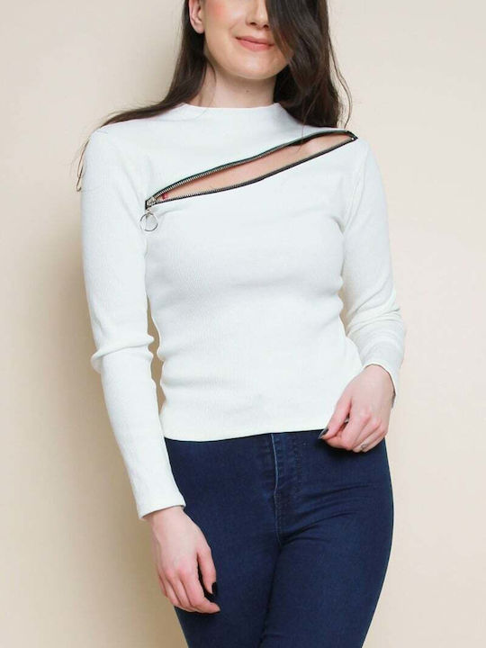 Bluza Damă Crop Top Mânecă Lungă cu Fermoar Alb