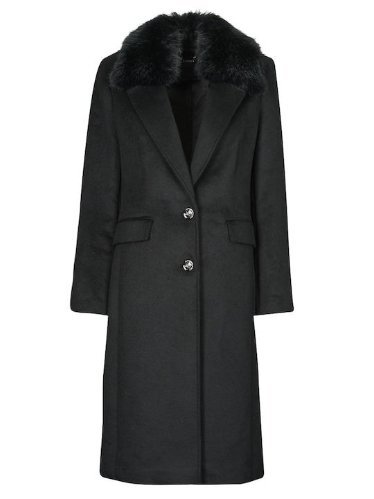 Women's Black Coat with Fur Details