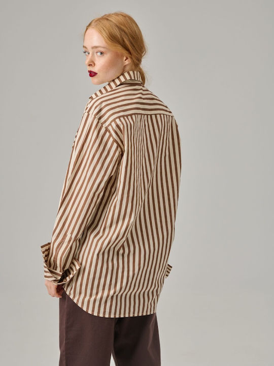 Project Soma Women's Striped Long Sleeve Shirt Brown