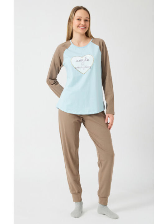 Minerva Winter Damen Pyjama-Set Baumwolle Beige Dark