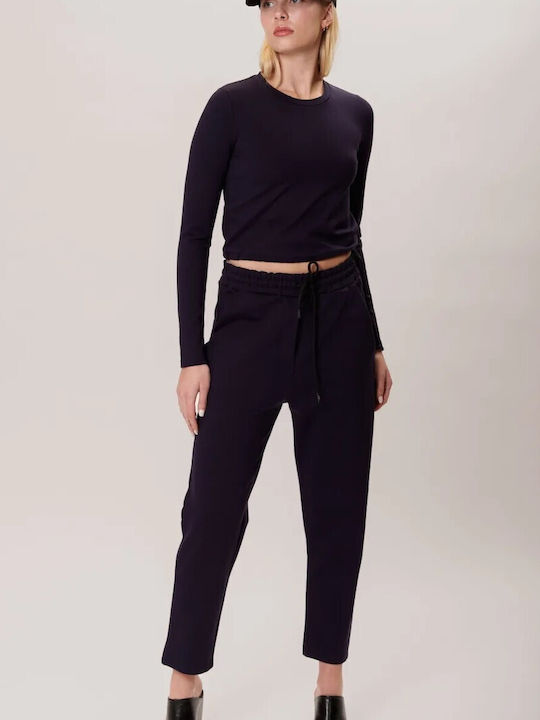 Collectiva Noir Women's High-waisted Fabric Trousers with Elastic in Straight Line Dark Blue