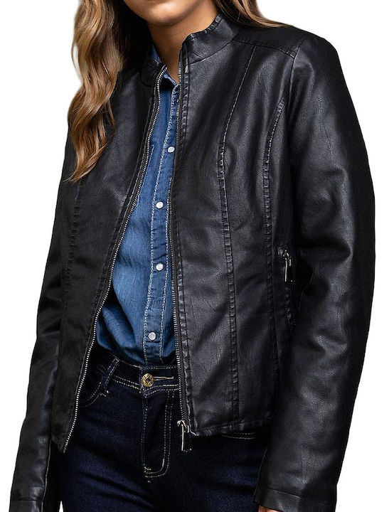 Biston Women's Short Biker Artificial Leather Jacket for Winter Black