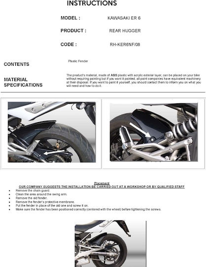 Moto Discovery Φτερό Πίσω Τροχού Μοτοσυκλέτας για Kawasaki ER6-n Μαύρο