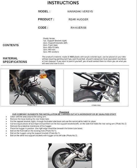 Moto Discovery Motorcycle Rear Wheel Fender for Kawasaki Versys 650 Black 1pcs