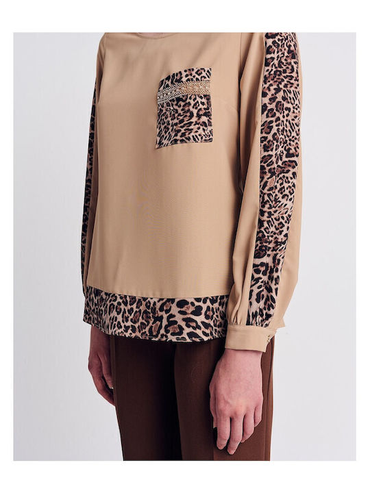 Γυναικεία Μπλούζα Μακρυμάνικη Animal Print Βανίλια