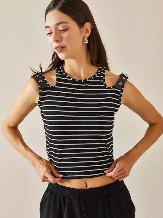 Γυναικεία Μπλούζα Off-Shoulder Αμάνικη Ριγέ Μαύρο