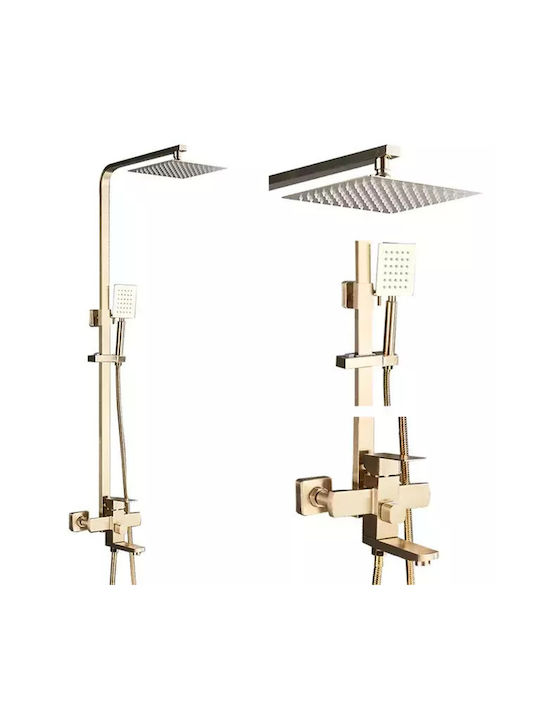 Rainfall Shower Faucet Set Chrome Finish Dual Handle Control Adjustable Height Brushed Gold