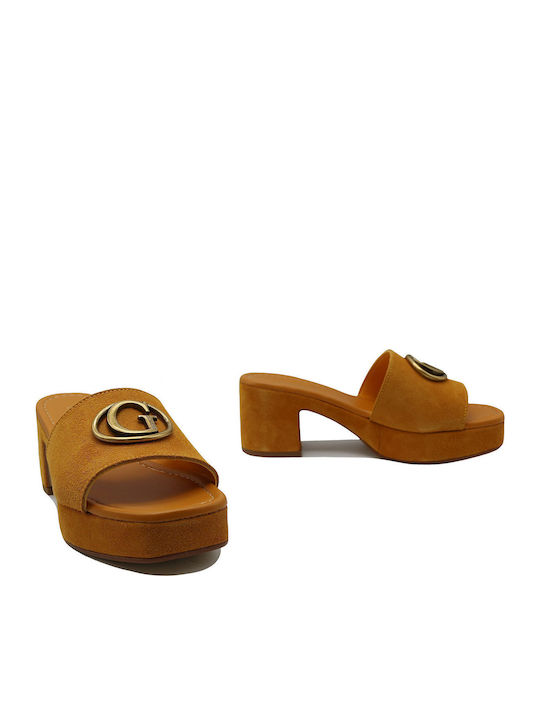 Wildleder Mules mit Chunky Hoch Absatz Mustard Gold