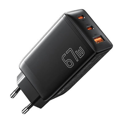 Essager Ladegerät ohne Kabel GaN mit USB-A Anschluss und 2 USB-C Anschlüsse 67W Schwarzs