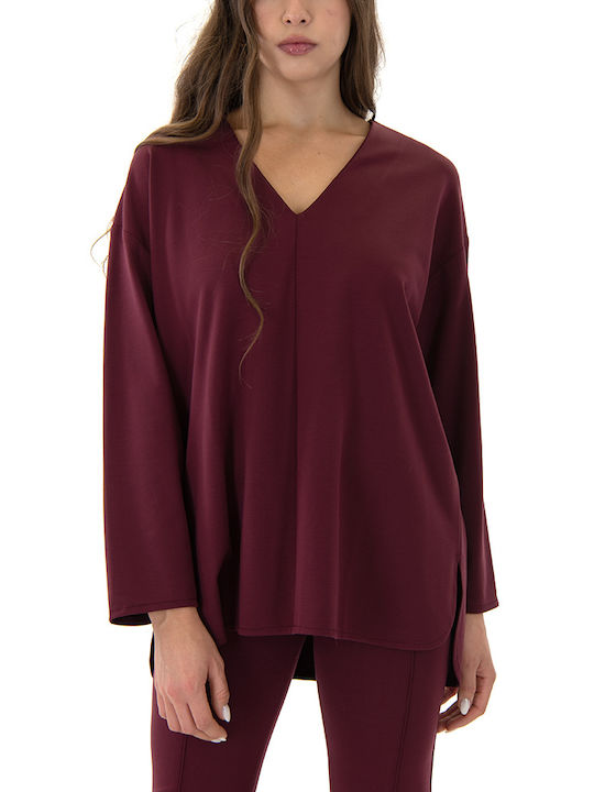 MY T Damen Bluse Langärmelig mit V-Ausschnitt Bordeaux