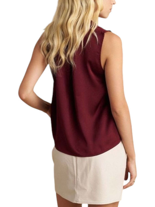 Attrattivo Women's Blouse Satin Sleeveless with V Neckline Bordeaux