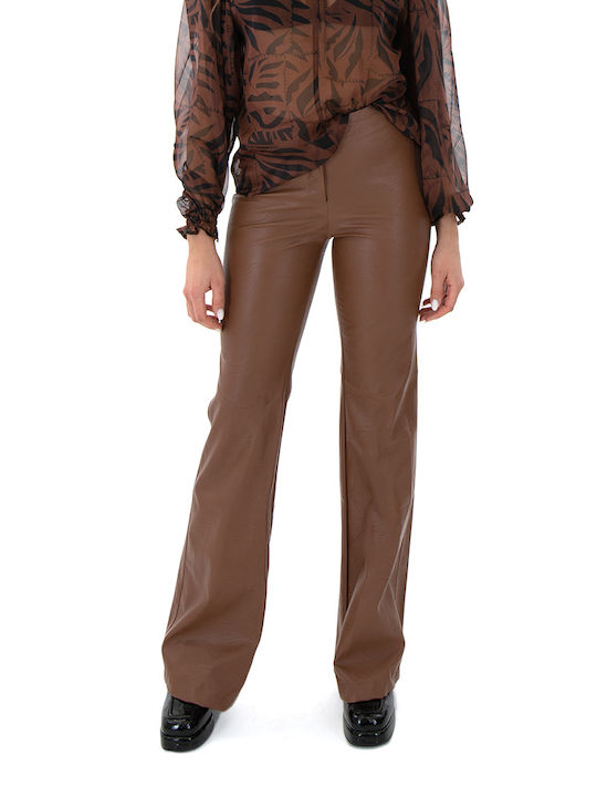 MY T Women's High-waisted Leather Trousers in Bootcut Fit coffee