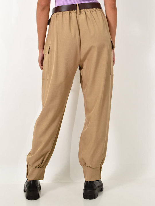 Potre Damen Hoch tailliert Stoff Cargo Hose Beige