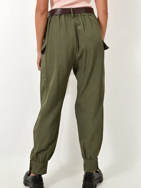 Potre Damen Hoch tailliert Stoff Cargo Hose khaki