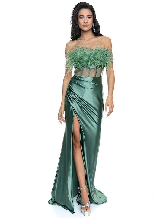 RichgirlBoudoir Maxi Evening Dress Strapless Satin with Slit Green