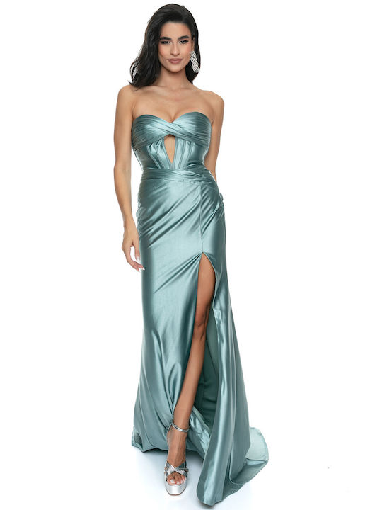 RichgirlBoudoir Maxi Βραδινό Φόρεμα Strapless Σατέν με Σκίσιμο Πράσινο