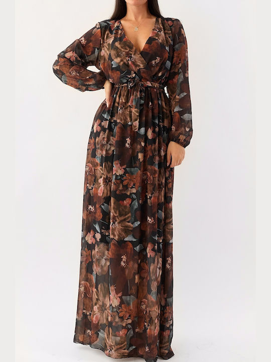 Nessie Brown Maxi Floral Dress with Belt