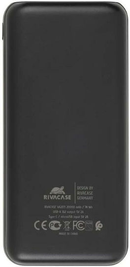 Rivacase VA2071 Външна Батерия 20000mAh с 2 USB-A Изходни Порта и USB-C Изходен Порт Power Delivery Черна