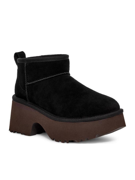 Classic Ultra Mini Leather Women's Ankle Boots with Medium Heel & Fur Black