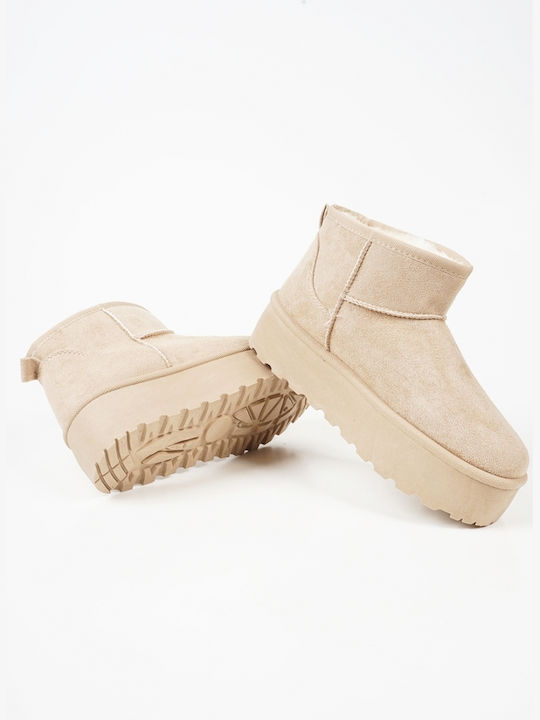 Suede Women's Ankle Boots with Fur Beige