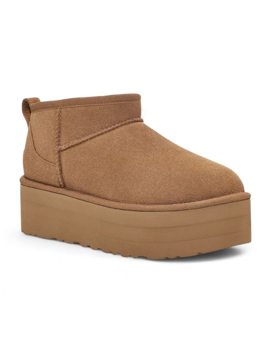 Ugg Australia Δερμάτινα Γυναικεία Μποτάκια με Πλατφόρμα & Γούνα Καφέ