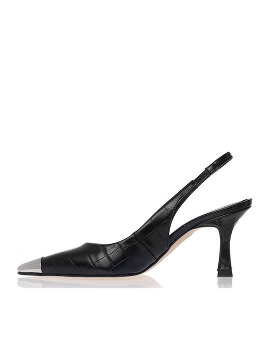 Leather Black Medium Heels with Strap
