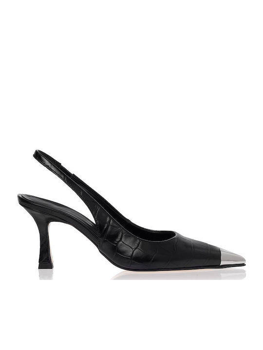 Leather Black Medium Heels with Strap