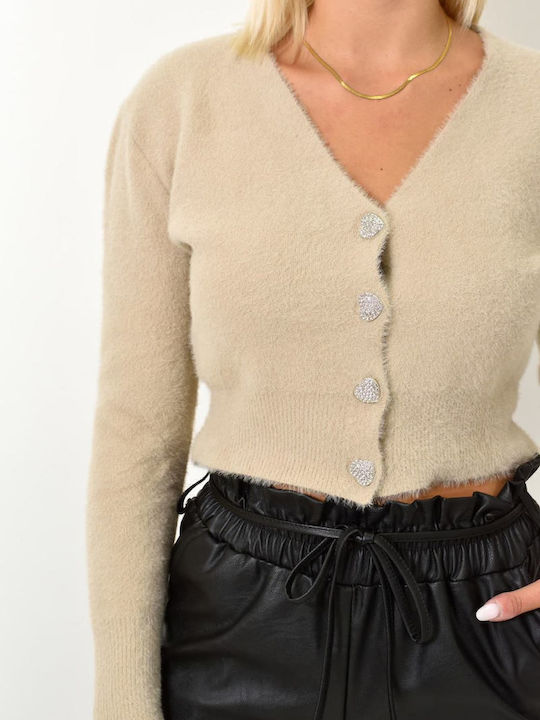 Kurze Gestrickte Damen Strickjacke mit Knöpfen Beige