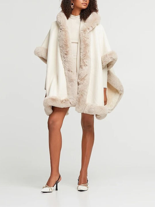 Lynne Women's Wool Cape with Hood and Fur cream