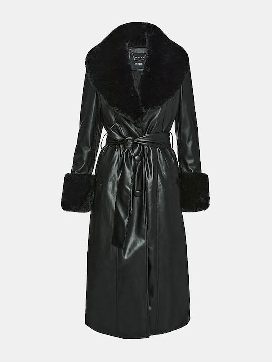 Lynne Women's Leather Long Coat with Belt and Fur black