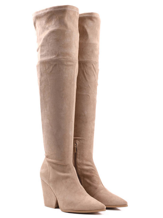 Beige Suede Over-the-Knee Boots Chunky Heel