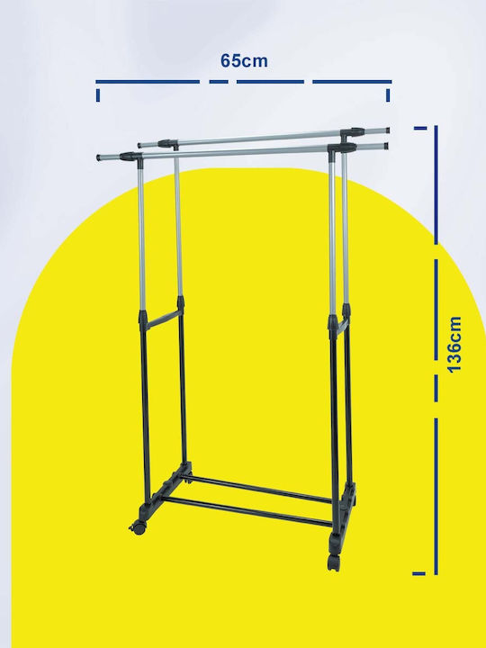 Uncle George Wheeled Floor Garment Rack made of Metal Telescopic Silver 65x30x136cm