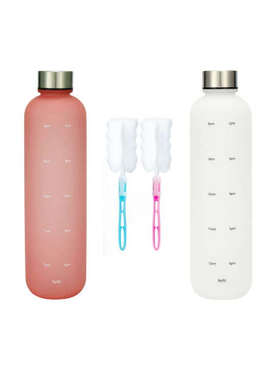 Set mit 2 Ein-Liter-Wasserflaschen, inklusive Reinigungsbürsten, mit motivierenden Markierungen, ideal für Sport, Büro, Zuhause, Reisen, Lachsrosa, Weiß, Polypropylen-Kunststoff