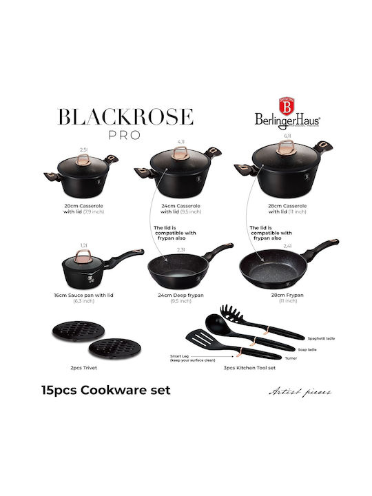 Berlinger Haus Black Rose Collection Σετ Μαγειρικά Σκεύη από Αλουμίνιο με Αντικολλητική Επίστρωση 15τμχ
