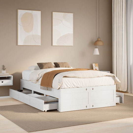 Vidaxl Bed Frame Without Mattress Drawers Solid Pine Wood 193.5x138.5x41cm 1 Piece Single White