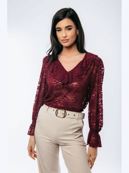 BelleFille Damen Bluse mit Spitze Bordeaux