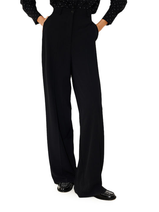 Dolce Domenica Women's High-waisted Crepe Trousers in Wide Line Black (Black)