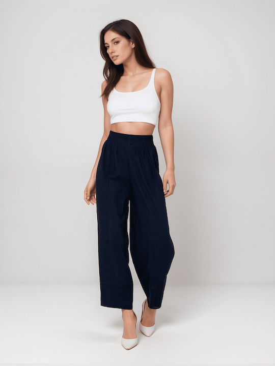 Noobass Femei Talie înaltă Tesatura Pantaloni cu Elastic Navy