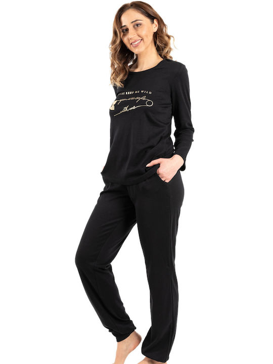 Secret Point Winter Damen Pyjama-Set Baumwolle Schwarz