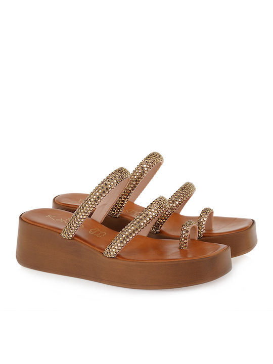 Kalista Leather Women's Flat Sandals Flatforms in Tabac Brown Color