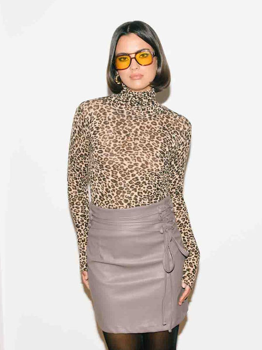 Pour Moi Women's Blouse Turtleneck Animal Print Leopard