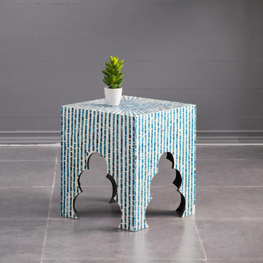 Square Side Table Ivory Wooden Blue M45xL45xH50.5cm